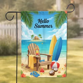 Hello Summer Tropical Beach Palm Tree Adirondack Chair Ocean - Summer Vacation Gift Garden Flag