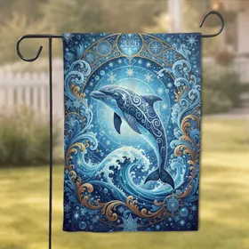 Dolphin Compass Rose Baroque Scrolls Ocean Swirl 2026 Home Decor Gift for Ocean Lover Garden Flag