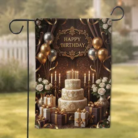 Happy Birthday Cake Gift Boxes Balloons Roses Candlesticks - Birthday Party Garden Flag