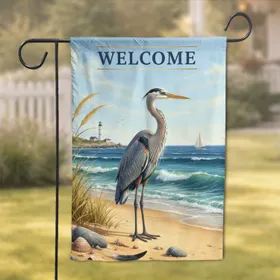 Great Blue Heron Lighthouse Beach Welcome - Home Decor Gift for Coastal Home Garden Flag