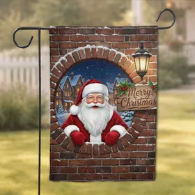 Santa Claus Peeking Brick Wall Merry Christmas Sign Village - Holiday Home Decor Gift Garden Flag