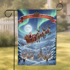 Santa Claus Reindeer Sleigh Christmas Village Aurora Night - Holiday Home Decor Gift Garden Flag
