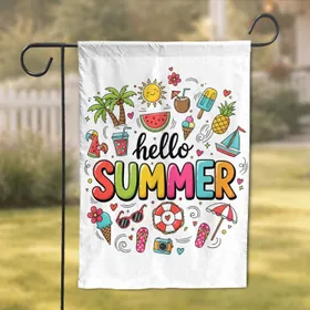 hello SUMMER Text Sun Palm Watermelon Beach Icons - Summer Party Decor Garden Flag
