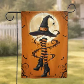 BOO Witch Hat Black Boots Striped Stockings Full Moon Spider - Halloween Party Decor Garden Flag