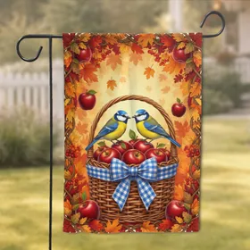 Songbirds Ripe Apple Basket Autumn Foliage Gingham Ribbon - Fall Home Decor Garden Flag