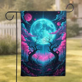 Luminous Blue Moon Gnarled Trees Glowing Orbs Cosmic Display - Home Decor Gift Garden Flag