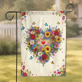 Floral Heart Garden Flowers Birds Butterflies - Home Decor Gift for Nature Lover Garden Flag