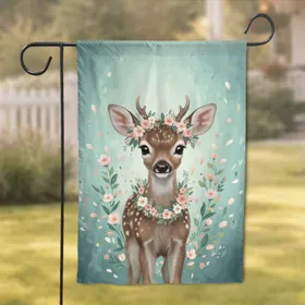 Baby Deer Floral Crown Wreath - Home Decor Gift for Wildlife Lover Garden Flag