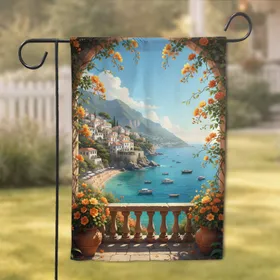 Mediterranean Coastal Town Balcony Sea Vista - Home Decor Gift Garden Flag