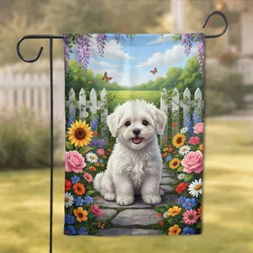 White Bichon Puppy Garden Flowers Butterflies - Pet Lover Home Decor Gift Garden Flag