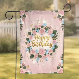 Happy Birthday Gold Confetti Garden Roses Blue Blossoms - Birthday Celebration Gift Garden Flag