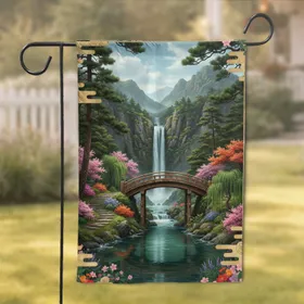 Japanese Arched Bridge Waterfall Mountain River - Home Decor Gift Garden Flag