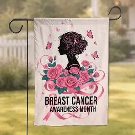 Pink Ribbon Woman Roses Butterflies - Breast Cancer Awareness Month Garden Flag