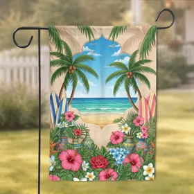 Tropical Beach View Surfboards Exotic Flowers - Home Decor Gift for Beach Lovers Garden Flag