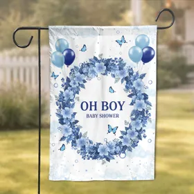 OH BOY BABY SHOWER Blue Floral Wreath - New Baby Welcome for Baby Boy Garden Flag