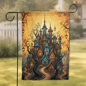 Townscape Buildings Swirling Trees Streetlights Cobblestone Paths Golden Orange Sky - Home Decor Gift Garden Flag