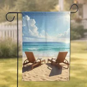 Sun-Drenched Wicker Beach Lounge Chairs Tropical Seascape - Home Decor Gift for Beach Lover Garden Flag