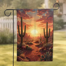 Saguaro Cactus Desert Sunset Red Rock Mountains - Home Decor Gift for Cactus Lover Garden Flag