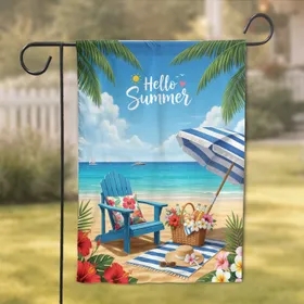 Adirondack Chair Beach Ocean Palm Fronds Hello Summer - Home Decor Gift for Beach Lover Garden Flag