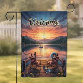 Lakeside Sunset Pier Welcome Sign - Cabin Lake House Decor Gift Garden Flag