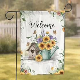 Welcome Birdhouse Floral Watering Can - Farmhouse Home Decor Garden Lover Gift Garden Flag