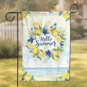 Hello Summer Lemon Blossom Coastal Scene - Summer Home Decor Gift Garden Flag