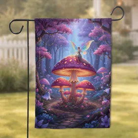 Mushroom Fairy Twilight Forest Blossom Tree String Light Scene - Home Decor Gift Garden Flag