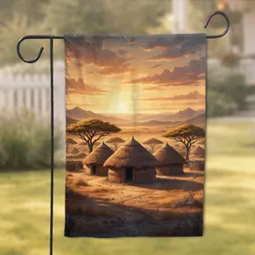 African Huts Thatch Roof Savanna Landscape Acacia Trees Dramatic Sunset - Home Decor Gift Garden Flag