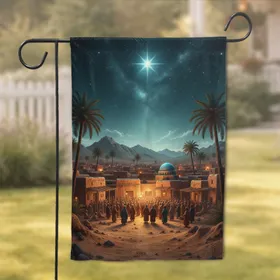 Ancient Desert Village Night Blue Dome Date Palms Starry Sky - Home Decor Gift Garden Flag