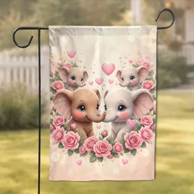Glowing Fluffy Baby Elephants Pink Roses Hearts - Affectionate Nursery Decor Garden Flag