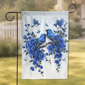 Majestic Blue Birds Floral Branch with Indigo Flowers - Wildlife Lover Home Decor Gift for Bird Lovers Garden Flag