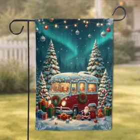 Vintage Red Camper Van Snowy Christmas - Holiday Home Decor for Camper Lover Garden Flag