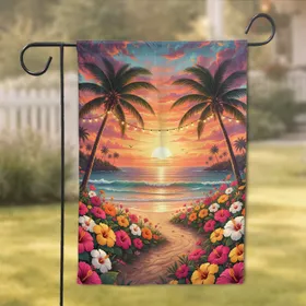 Tropical Sunset Beach Path Hibiscus Palm Trees Fairy Lights - Home Decor Gift Garden Flag