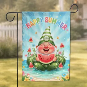 Happy Summer Gnome Watermelon Wildflowers Sunbeams Beach Shoreline Summer Celebration Home Decor Gift Garden Flag