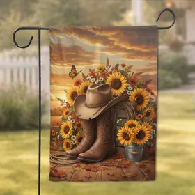 Weathered Cowboy Hat Boots Sunflowers Autumn Sunset - Farmhouse Decor for Cowboy Lover Garden Flag