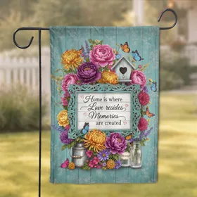 Rustic Home Sign Floral Butterflies Birdhouse - Farmhouse Decor Gift Garden Flag