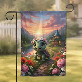 Baby Turtle Flower Crown Storybook Cottage - Whimsical Home Decor Gift Garden Flag