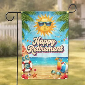 Happy Retirement Smiling Sun Tropical Beach - Vacation Celebration Gift Decor Garden Flag