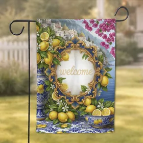 Welcome Baroque Frame Lemons Bougainvillea Mediterranean Village Home Decor Gift Garden Flag