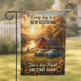 Rustic Red Barn Vintage American Cars Wildflowers Golden Sunset - Farmhouse Decor Garden Flag