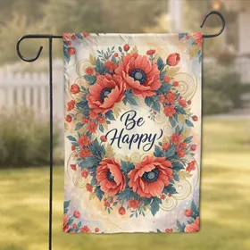 Be Happy Elegant Script Coral Poppy Flowers Golden Glitter - Home Decor Gift Garden Flag