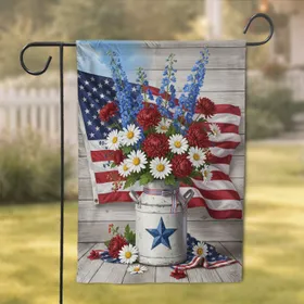 Blue Star Milk Can Floral American Flag - Independence Day Gift Garden Flag