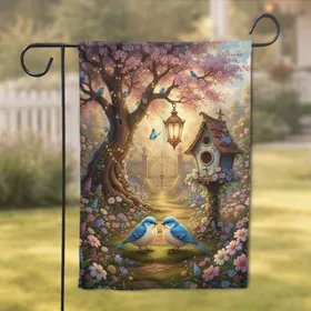 Fluffy Blue Birds Birdhouse Enchanted Garden - Home Decor Gift for Bird Lovers Garden Flag