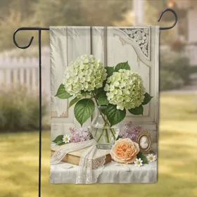 Hydrangea Rose Blossoms Antique Book Cameo - Romantic Garden Decor Gift Garden Flag