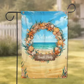 Welcome Beach Party Seashell Wreath Ocean Scene - Beach House Decor for Beach Lovers Garden Flag