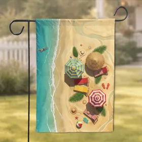 Bustling Tropical Beach Scene Umbrellas - Ocean Waves Vacation Home Decor Gift Garden Flag