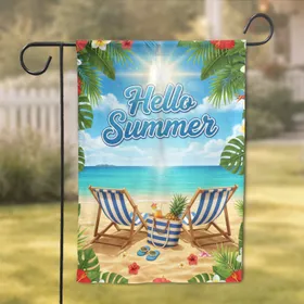 Hello Summer Beach Chairs Pineapple Sandy Beach - Tropical Summer Decor Gift Garden Flag