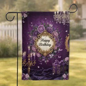Happy Birthday Gold Baroque Cartouche Purple Rose Peony - Birthday Celebration Gift Garden Flag