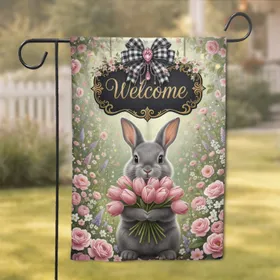 Baby Rabbit Welcome Sign Pink Tulips Garden - Home Decor Gift for Garden Lover Garden Flag