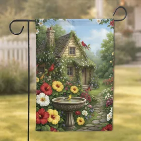 Cottage Garden Bird Bath Cardinals - Home Decor Gift for Garden Lover Garden Flag